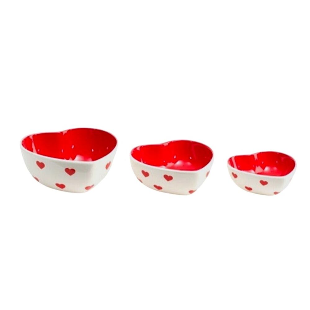 3pc Terramoto Ceramic Valentines Day Heart Shaped Nesting Bowls Red & White New